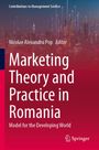 Text: "Marketing Theory and Practice in Romania: Model for the Developing World." Skyline mit leuchtenden Linien.