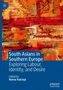 „South Asians in Southern Europe: Exploring Labour, Identity, and Desire“, bearbeitet von Reena Kukreja. Abstraktes Gemälde in Rot- und Orangetönen.
