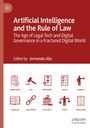 "Artificial Intelligence and the Rule of Law" oben, mit Symbolen wie Richterhammer und Skala darunter.
