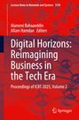 „Digital Horizons: Reimagining Business in the Tech Era“ steht in weißer Schrift auf rotem Hintergrund mit Netzwerkdiagramm.