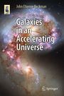 Text: "John Etienne Beckman, Galaxies in an Accelerating Universe, Springer." Hintergrund: Bild von leuchtenden Galaxien.