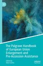 Text: "The Palgrave Handbook of European Union Enlargement and Pre-Accession Assistance". Abstrakte blaue und gelbe Farben.