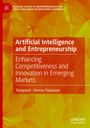 "Artificial Intelligence and Entrepreneurship" steht groß auf einem orange-roten Hintergrund mit Blattstrukturen. Autoren: Rajagopal und Ananya Rajagopal.
