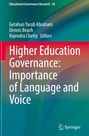 Text: "Higher Education Governance: Importance of Language and Voice." Oben links grün, unten rechts blaues Farbverlauf.