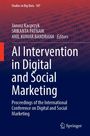 Text: "AI Intervention in Digital and Social Marketing." Oben rote und blaue Farben mit einem Muster aus Binärcode. Springer-Logo.