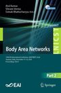 Titel: "Body Area Networks". Konferenz: BODYNETS 2024, Indien. Zwei Logos unten. Abstrakte Linien im Hintergrund.