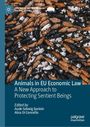 Text: "Animals in EU Economic Law: A New Approach to Protecting Sentient Beings." Viele Rinder dicht zusammen.