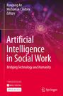 "Artificial Intelligence in Social Work" in weißer Schrift auf rotem Hintergrund, mit technologisch inspirierten Mustern.