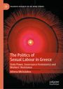 Der Text lautet: „The Politics of Sexual Labour in Greece. State Power, Governance Feminism(s) and Workers’ Resistance. Athena Michalakea“. Oben „Palgrave Advances in Sex Work Studies“. Das Design zeigt ein abstraktes Muster in Rot- und Schwarztönen.