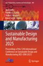 „Sustainable Design and Manufacturing 2025“, rote Farben, Bilder von Technologie und Architektur, Verlagslogo unten.
