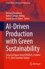 Text: Titel „AI-Driven Production with Green Sustainability“, Herausgeber, Konferenzdetails. Technikillustration im Hintergrund.