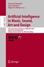 Cover mit Text: "Artificial Intelligence in Music, Sound, Art and Design", Konferenzinfos, rot-graues Farbschema.