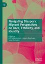 „Navigating Diaspora: Migrant Perspectives on Race, Ethnicity, and Identity“, herausgegeben von drei Autoren. Hintergrund in Rosa-Grün.