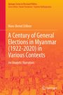 Titel: "A Century of General Elections in Myanmar (1922-2020) in Various Contexts". Hintergrund: orange Menge mit Schildern.