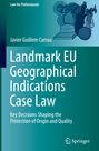 "Landmark EU Geographical Indications Case Law" auf grünem Hintergrund, Illustration von Lebensmitteln.