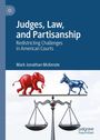 "Judges, Law, and Partisanship"; Illustration: Roter Elefant und blauer Esel auf Waage, Symbol für politische Parteien.