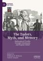 Text: The Tudors, Myth, and Memory; Illustration: Königin zu Pferd mit Gefolge, Wappen tragend. Links kleines Wappenbild.
