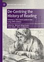 Titel: "De-Centring the History of Reading". Illustration eines Lesers mit einem Buch. Links oben ein lila Rechteck mit Text.