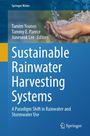 Titel: "Sustainable Rainwater Harvesting Systems". Hände fangen fließendes Wasser auf, Hintergrund unscharf.