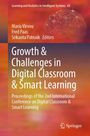 Titel: Growth & Challenges in Digital Classroom & Smart Learning. Bunte orange-rote abstrakte Illustration mit einem Gehirn.