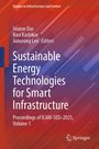 Text: Sustainable Energy Technologies for Smart Infrastructure. Hintergrund: Abstraktes, geometrisches Muster in Rot und Blau.
