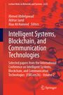 Text: "Intelligent Systems, Blockchain, and Communication Technologies." Rote und dunkelblaue Tönen mit Molekülstruktur.