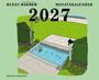 "Ruedi Widmer Monatskalender 2027. Edition Moderne." zeigt ein Planschbecken mit einem schwimmenden Verkehrshütchen.