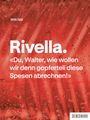 Text: Willi Näf, Rivella. «Du, Walter, wie wollen wir denn gopferteli diese Spesen abrechnen!» Roter Hintergrund mit Wassertropfen.