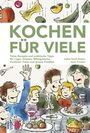 „KOCHEN FÜR VIELE“ in grüner Schrift, darunter Menschen, die gemeinsam fröhlich essen; Illustration mit verschiedenen Speisen.