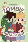 "Der kleine Zombie Hirsegrün" von Caren Oblinger. Zwei Kinder mit verschränkten Armen, links ein Zombie mit Dino.