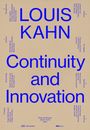 Großer, blauer Text: "LOUIS KAHN Continuity and Innovation". Verschiedene kleinere Texte wie Namen und Themen gruppiert.