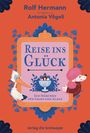 "Reise ins Glück" in blauer Schrift, orangefarbener Hintergrund. Links ein Storch, rechts ein rosa Pudel, dazwischen Eisbecher.