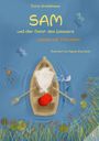 "Sam und der Geist des Wassers: tanzen mit Freunden." Illustration: Ein Geist im Ruderboot, umgeben von Natur und Tieren.