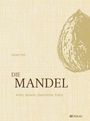 „Jonas Frei. DIE MANDEL. Arten, Botanik, Geschichte, Kultur.“ Illustration einer Mandel. Hintergrund beige.