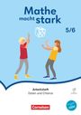 "Mathe macht stark 5/6. Arbeitsheft Daten und Chance. Zwei Kinder spielen mit einem Würfel. Cornelsen Logo unten."
