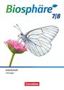 Text: "Biosphäre 7/8", "Arbeitsheft Thüringen", "Cornelsen". Ein weißer Schmetterling sitzt auf einer pinken Blüte.