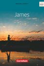 "James", "Percival Everett"; Logo: "Cornelsen". Silhouette eines Paddlers bei Sonnenuntergang auf einem Fluss.