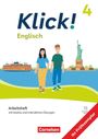 „Klick! Englisch 4“, Arbeitsheft mit Audios. Zwei Personen, Freiheitsstatue und ein Schiff im Hintergrund. Cornelsen-Logo.