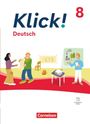 "Klick! Deutsch 8" in blauer und roter Schrift, drei Personen interagieren, eine hält ein Dokument, Tisch mit Projektor.