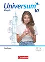 "Universum Physik 10 Sachsen" steht oben. Mädchen mit Handy und digitaler Grafik im Hintergrund. Cornelsen-Logo unten.