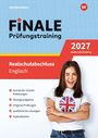 Text: "Finale Prüfungstraining 2027, Realschulabschluss Englisch." Lächelnde Person mit Union Jack auf ihrem T-Shirt.