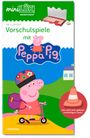 Text: "Vorschulspiele mit Peppa Pig, Hier wird noch gebaut! (vorläufiges Cover), Lernspiel." Peppa Pig Illustration auf Roller.