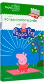 „Ab 5 Jahren: Konzentrationsspiele mit Peppa Pig“. Illustration von Peppa Pig beim Meditieren auf einer Matte vor einem Baum.
