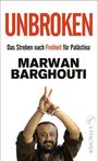 UNBROKEN, Das Streben nach Freiheit für Palästina, MARWAN BARGHOUTI, erhobene gefesselte Hände in einem V-Zeichen, S. Fischer Logo.