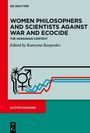 "WOMEN PHILOSOPHERS AND SCIENTISTS AGAINST WAR AND ECOCIDE" in Schwarz. Rotes und türkisfarbenes Design.