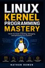 „LINUX KERNEL PROGRAMMING MASTERY“. Pinguin-Maskottchen auf einem Mikrochip, Symbole für verschiedene Fähigkeiten unten.