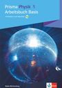 "Prisma Physik 1 Arbeitsbuch Basis", disco ball mit buntem Licht, "Klett" Logo, Blau- und Violetttöne im Design.