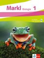 "Markl Biologie 1" steht oben. Ein bunter Frosch sitzt auf Moos, darunter das Klett-Logo.