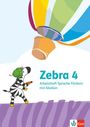 Text: "Zebra 4. Arbeitsheft Sprache Fördern mit Medien." Ein Zebra mit grünem Helm hält einen Farbroller, über ihm ein Heißluftballon.