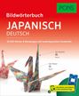 "Bildwörterbuch Japanisch-Deutsch. 16.000 Wörter. Zweierlei Origami-Kraniche, links mit Blumenmuster, rechts Schema-Handy."